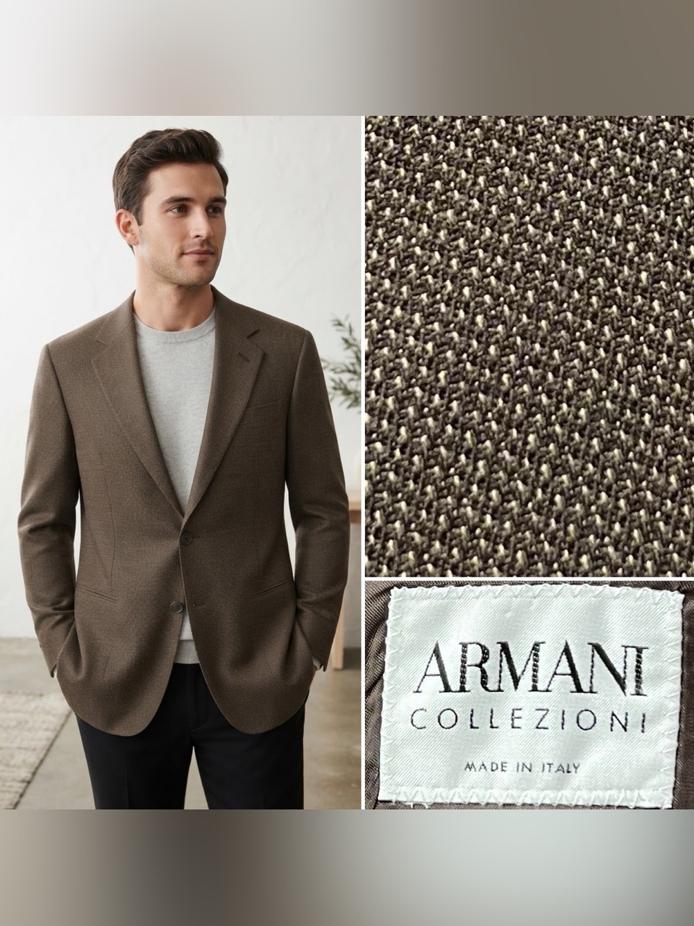 Armani Collezioni Men's 44R Brown Wool Silk Hopsack Vintage Y2K Blazer Jacket